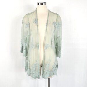Torrid Embroidery Mesh Kimono Womens Size 00/0 M/L Mint Green Open Beach Cover